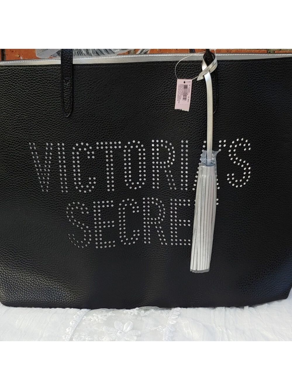 Victoria's Secret Black and Silver Synthetic Leather Tote